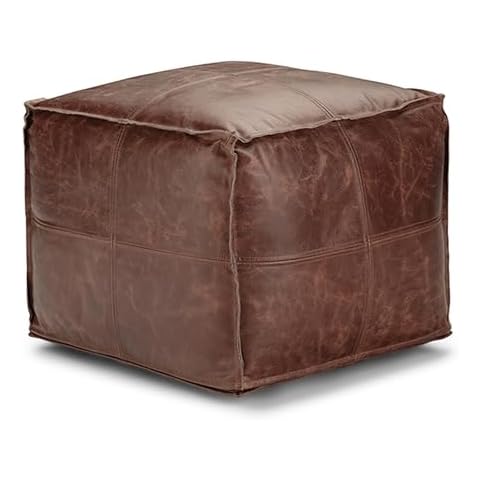 SIMPLIHOME Sheffield Square Pouf in Brown Leather Cover