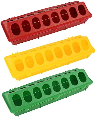 DOITOOL 3Pcs Plastic Flip Top Poultry Feeder for Pigeon Quails Ducklings Birds, Poultry Feeding Tray with Holes, Green Red Yellow Chicken Feeder No Waste No Mess Baby Chick Feeder