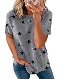Biucly Womens Summer Casual Sexy Short Sleeve Crewneck Star Print Tee Loose Tunic Tops Soft Tshirts for Womens,US 12-14(L),Grey