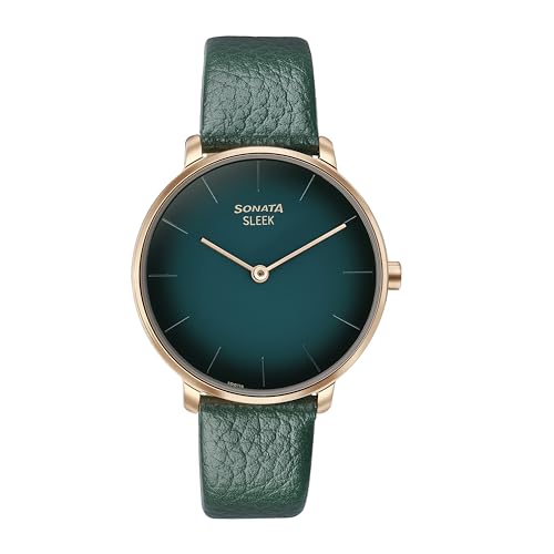 Image of Sonata Sleek Green Dial Leather Strap Analog Watch for Women-8191WL01