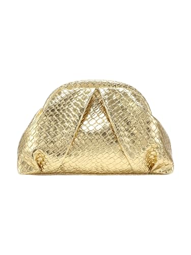 Image of OYOANGLE Women's Minimalist Woven Leather Clutch Purses Textured Kiss Lock Pleated Vintage Evening Handbags