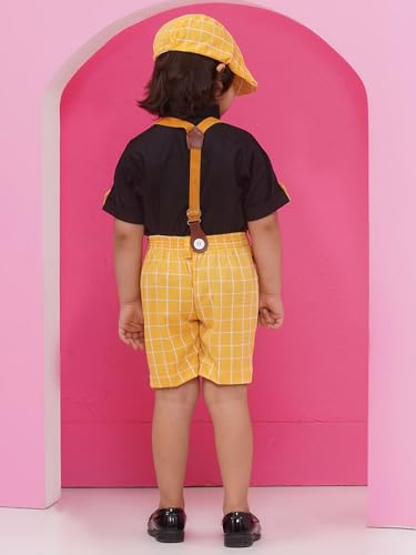 Image of AJ DEZINES Kids Clothing Cotton Blend Checkered Printed Shirt Shorts With Cap and Suspenders Set for Boys