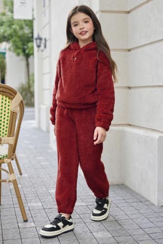 Image of Arshiner Girls 2 Piece Outfits Sweatsuit Fuzzy Long Sleeve Bear Ear Hoodie Sweatshirt and Sweatpant Kids Clothing Sets