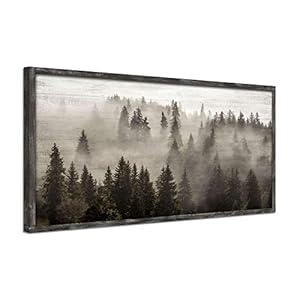 Foggy Forest Wooden Wall Art: Landscape Mountain Artwork Prints with Wooden Framed for Living Room (40”W x 20”H, Multi-Sized)