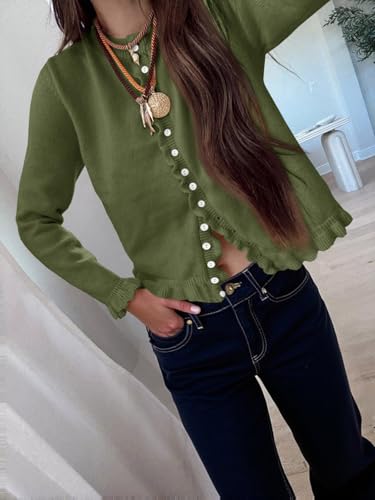 Image of Saodimallsu Womens Ruffle Cardigan Sweaters Button Up Crew Neck Long Sleeve Cropped Sweater Cute Soft Knit Tops