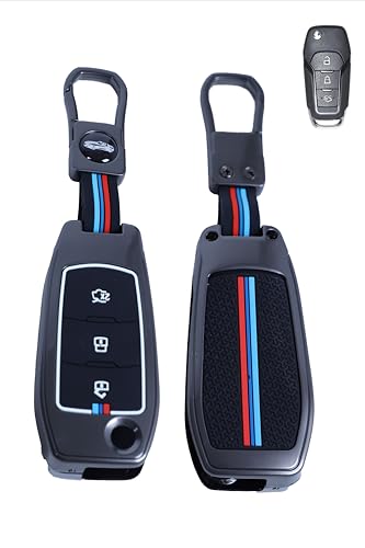 Image of Metal Striped Key Cover and Key Chain Compatible for Ford Endeavour, Figo, Aspire Freestyle 3 Button Flip Key I Stylish Key Cover