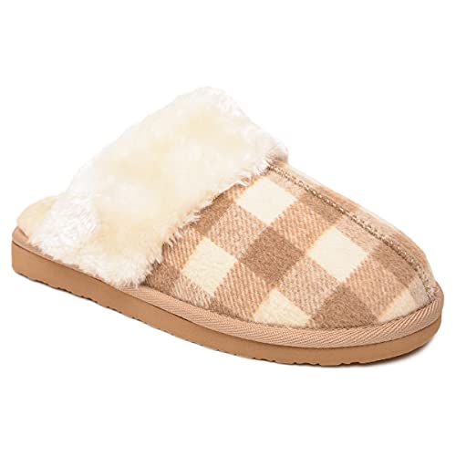 Minnetonka Women's Chesney Suede Scuff Slippers, Tan-Cream Buffalo Plaid, 11 M #TOP22