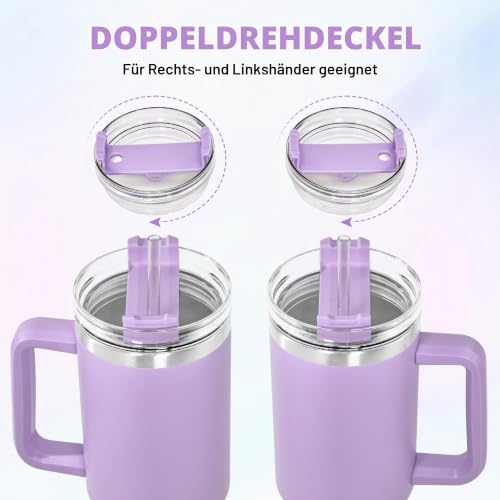 FECBK Thermobecher mit Strohhalm, Henkel und 2 Deckeln 1,2L, Lavendel – Ansicht 4