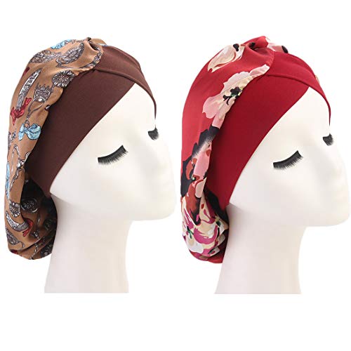 Joyfeel's Store Gorra de Seda para Dormir con Capucha de Raso Floral para el Cabello para la pérdida Natural del Cabello Protección del Cabello de Noche y día (Pack of 2 (Coffee+Wine))