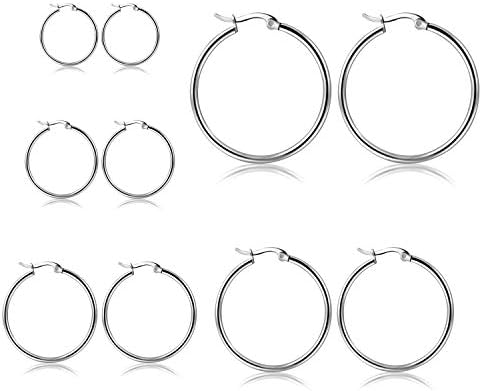 Royal Amoyy 5 Pairs Hoop Earrings Set of Different Sizes - Stainless Steel Hypoallergenic Circle Earrings for Women and Girls in Colors (Silver, Black, Gold, Rose Gold)