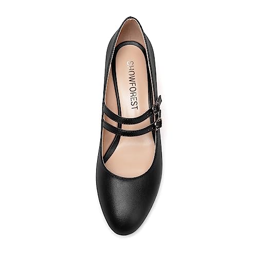 SHOWFOREST Womens Mary Jane Dating Solid Matte Adjustable Strap Round Toe Cute Slip On Block Low Heel Pumps Shoes 2 Inch3