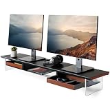 Fenge Supporto Monitor Scrivania Acrilico, 108 x 23 x 12,9 cm, Rialzo 2 Monitor 27 Pollici e 35kg, con Cassetti in Legno Massello, Organizer, Porta PC per Computer, Laptop, Stampante TV (Nero)