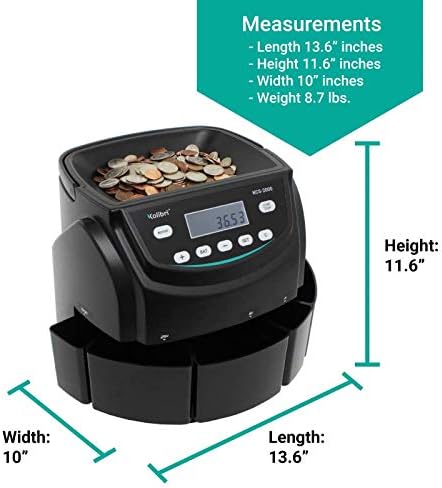 Kolibri KCS-2000 Professional USD Coin Counter, Sorter and Wrapper/Roller, Up to 300 Coins/min, LED Display with Full Report, Batch Feature – Included 5 Coin Bins & Tubes