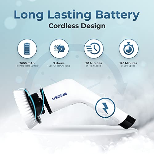 Larisom 2023 Electric Spin Scrubber, Portable Cleaning Brush With 2 Cloths, Long Handle, 7 Replaceable Brushes, Power Shower Scrubber For Bathroom, Bathtub, Toilet, Tile, Floor, Kitchen, Car Cleaning #TOP2