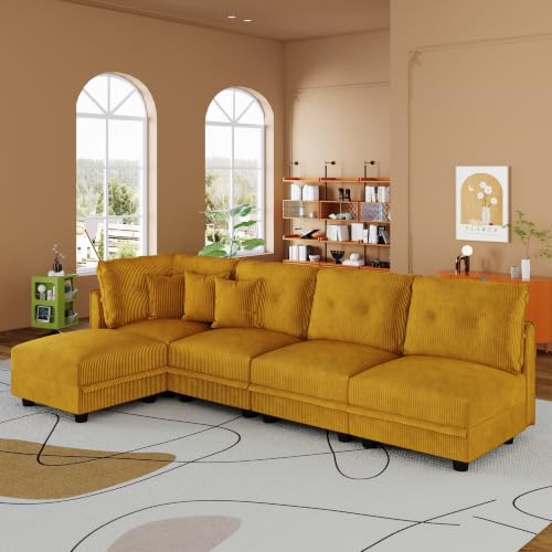 Image of LLappuil Modular Sectional Sofa with Storage, U-Shaped 5-Seat Corduroy Couch with 5 Throw Pillows, Pet-Friendly Convertible Sofa for Small Space, Skin-Friendly, Yellow