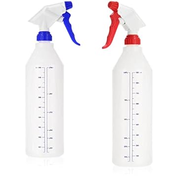 com-four® 2x Flacone spray - spruzzatore a pompa a 360 gradi resistente agli agenti chimici - filettatura 28/400 per acidi diluiti, oli minerali (bianco/blu + bianco/rosso)