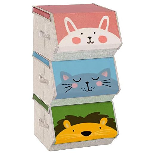 SONGMICS Caja almacenaje Tela Infantil, Caja organizadora Plegable, Juego de 3, Apilables con Asas, Tapa magnética, para habitación de niños, Tema de Animales, Rosa, Azul, Verde y Gris RFB760P01