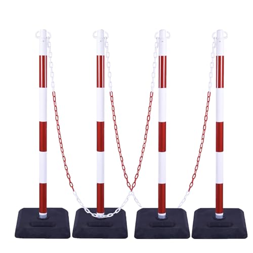 [ 4 piezas] Poste delimitador de tráfico 40 /100 cm, poste de barrera con cadena atada de 20 FT/600 cm y base rellenable de arena y agua para estacionamiento, construcción de carreteras