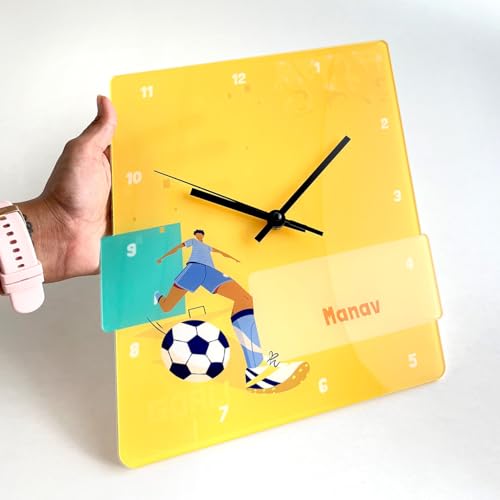 Image of Zooboo Personalized Analog Wall Clock, Custom Name Acrylic Silent Quartz Movement Wall Clock with Sleek Modern Design, Ideal for Birthdays (Design - Football Goals Boy), 30x30 cm, Multicolor
