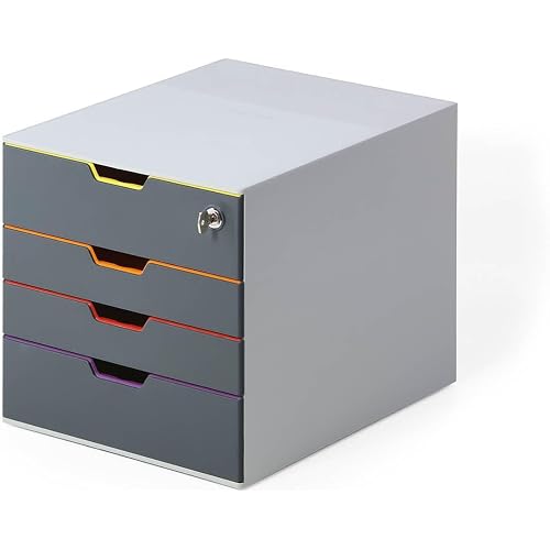 Durable VARICOLOR 4 Lockable Drawer Unit - Gray Desktop Filing Drawer Set with 4 Color Coded Draws - Letter Size Files - Top Draw is Lockable - Perfect for Storing Documents and Paper Work