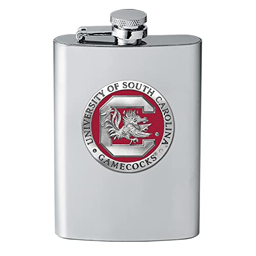 Heritage Pewter South Carolina Gamecocks Flask | 8 Ounce Liquor Flask Container - Stainless Steel | Intricately Crafted Metal Pewter Alma Mater Inlay
