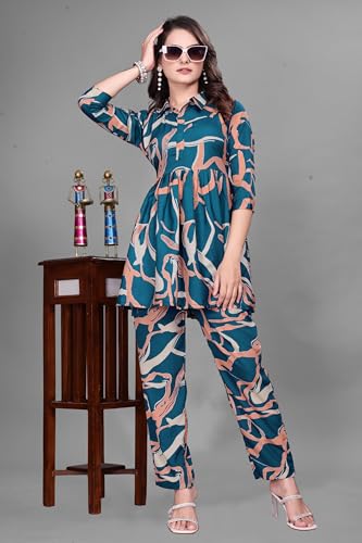 Image of Women Crepe 3 /4 Sleeves V Neck Cord Set Featuring Floral Pattern Design 2 Piece Ethnic Wear Set