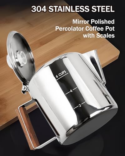 Image of Coffee Maker Coffee Percolator 304 Stainless Steel Pot Stovetop Easy Brewing Even Heating 6 Cup 33.8oz 1000ml Silver Classic Design Heat Resistant Home Camping Outdoor