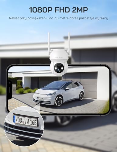 WOLFANG Solarna kamera bezpieczeństwa 1080P na zewnątrz, kamera WiFi PTZ 360° (tylko 2,4 G), wykrywanie ruchu PIR, noktowizor, dwukierunkowy dźwięk, IP65, współpracuje z Alexa i Google Home, bez