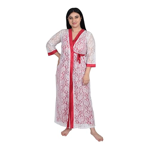 Image of Women Satin Solid Nightwear Maxi Set Nighty with Net Sleep Robe for Women, Dark Pink