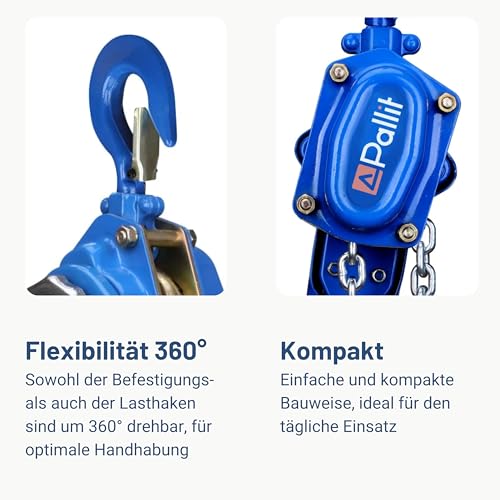 Foto von Pallit Kettenzug 750 kg – Ratschenzug mit mechanischer Lastbremse, 1,5 m Kettenlänge, CE-zertifiziert, für Werkstatt, Industrie & Forst als Handseilwinde LEVER-S