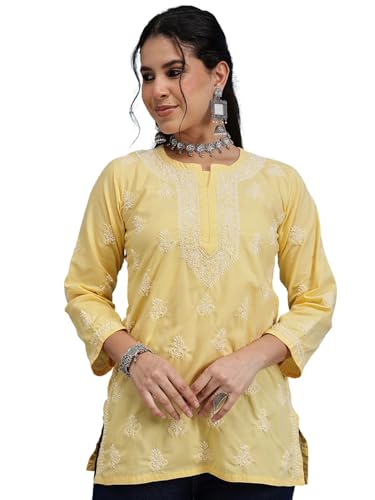 Ada Women Cotton Straight Fit Top Tunic Hand Embroidered Lucknowi Chikankari Short Kurti A911362 Light Yellow (XL)