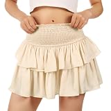 JASGOOD Women's Ruffle Mini Skirt with Shorts High Waist Sexy Layered Elastic Pleated Skirt for Sport Party Daily, Beige, S