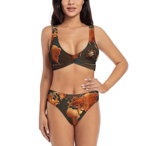 Maillot de bain 2 pièces sculptant haut de gamme motif carte du monde rouille
