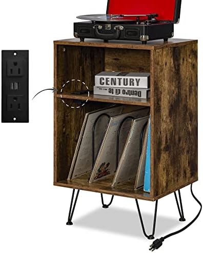Mufico Record Player Stand, Turntable Stand with Charging Station,Lagre Record Player for 120Lbs Record,Table Wood Vinyl Stand Cabinet ,Table for Record Player, Vinyl Record Storage Shelf