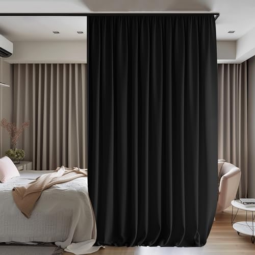 hoeflife Room Dividers Blackout Curtains Track Ceiling Mount Ceiling Track for Curtain Living Room Bedroom Dividers Curtains 1 Panel W180 x H96 Black Curtain and Black Track x1