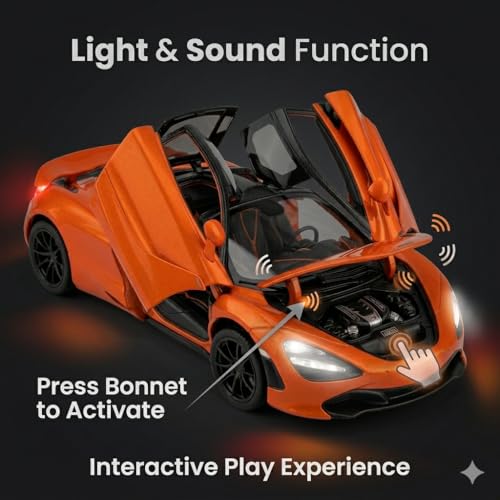Image of McLaren 720S 1:24 Scale Die-Cast Car Model Orange - Dihedral Butterfly Doors Sound Light Pull-Back Alloy Metal Collectible Toy Car