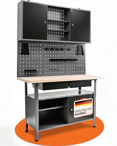 Ondis24 Werkstatteinrichtung Werkstatt Set Werkbank Fritz Hängeschrank Werkzeugwand Metall Schwarz Grau (Hängeschrank Kurt 120 cm)