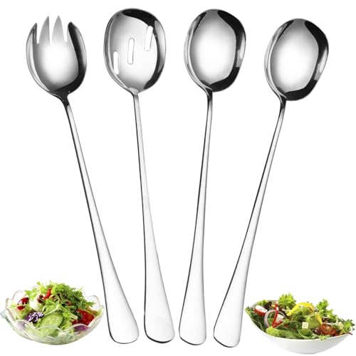 XNJIHWA 4 Piezas Cuchara y Tenedor para Ensalada Servidores para Ensaladas Acero Inoxidable Cubiertos para Ensalada Asas Largas 28cm,para Fiestas,Buffets,Cenas