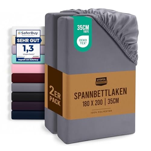Utopia Bedding - 2er Set Spannbettlaken 180x200cm - Grau - Oeko-Tex Zertifiziertes - Gebürstete Mikrofaser Spannbetttuch - 35 cm Tiefe Tasche