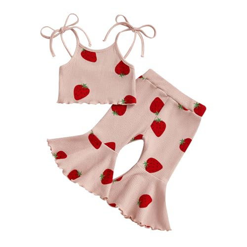 Strawberry Outfit Baby Girl Summer Clothes Toddler Kid Bow Print Sleeveless Camisole Tank Top Flare Pant Sets 0-5T