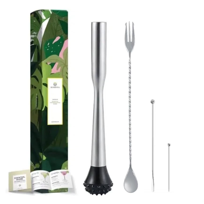 Homestia 4PCS Muddler Set, 10 Inch 304 Stainless Steel Cocktail Muddler for Mojito and Fruit Drinks, Home Bar Tool Set of Bar Spoon Swizzle Stick Cocktail Pick Silver
