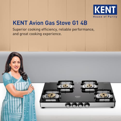 Image of KENT Avion Gas Stove 4 Burner | Toughened Glass Top 8mm | SABAF Italian Gas Valve | Forged Brass Burner | Metallic Knob | Heat Resistance Coating | Cleaning Stand | LPG /PNG Compatible | 5Yr Warranty