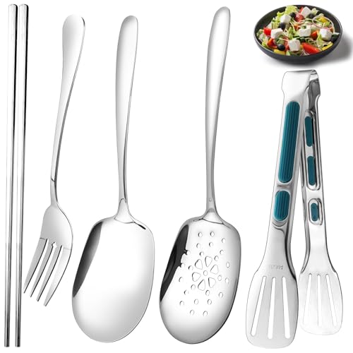 GZLCEU Lot de 5 cuillères de service, en acier inoxydable 304, pour banquet, buffet, restaurant, fête d'hôtel (cuillère, écumoire, fourchette, baguettes, pince alimentaire)