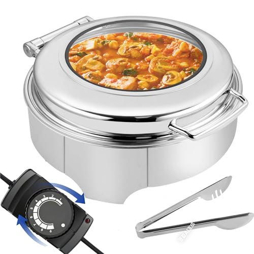 YMJOINMX Electric Round Chafing Dish Buffet Set 6 Quart Temp. Adjustable Chaffing Servers with Glass Lid Chafers Buffet Food Warmer Set Chaffing Server with Cover Warmer for Food Parties