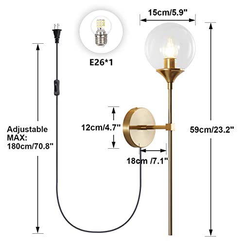 Image of BOKT Modern Long Globe Plug in Wall Sconce Lighting Set of 2 Mid Century Brass Gold Wall Sconce Light Plug in Set of Two Clear Glass Bathroom Bedroom Wall Lamp (Clear-Plug in)