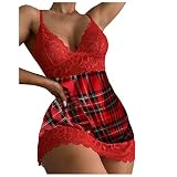 Yiartion Dessous Damen Sexy Reizwäsche Strapsen Negligee Nachtwäsche Nachthemd Halfter Sling Unterwäsche Lingerie Transparente Rot Kariert Babydoll mit Strumpfhaltergürtel Erotiek Dessous