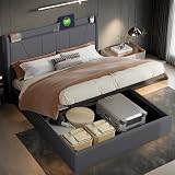 Cama acolchada de 140 x 200 cm con USB y tipo C, cama de matrimonio con somier de láminas y estructura de metal, camas hidráulicas con almacenamiento debajo de la cama, lino, (gris, 140 x 200 cm)