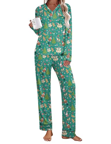 Ekouaer Womens Pajamas Sets V Neck Long Sleeve Sleepwear Comfy Pants 2 piece Loungewear with Pocket Christmas Green Elf Medium