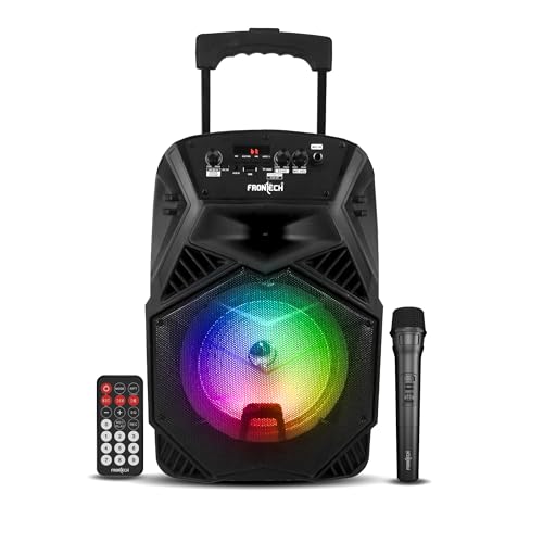 FRONTECH Wireless Bluetooth Trolley Speaker with RGB Party Lights | 25W RMS | Comes with a Wireless Mic | Upto 4 Hours Playtime | Driver - 20.32 cms (Black, SW-0209)