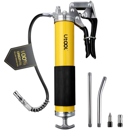 UTOOL Grease Gun, 8000 PSI Heavy Duty Pistol Grip Grease Gun Kit with 14 oz Capacity, 18 Inch Resin Flex Hose, 2 Basic Coupler, 2 Extension Rigid Pipe and 1 Sharp Type Nozzle, Argent Matte Finish